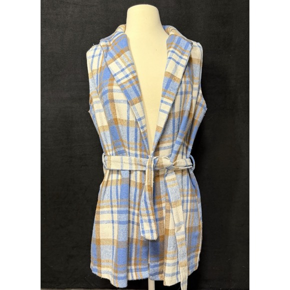 light blue flannel plaid long vest sleeveless coat - Picture 3 of 6